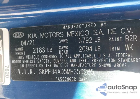 2021 Kia Forte Gt-Line from USA, damaged, VIN 3KPF34AD5ME359285